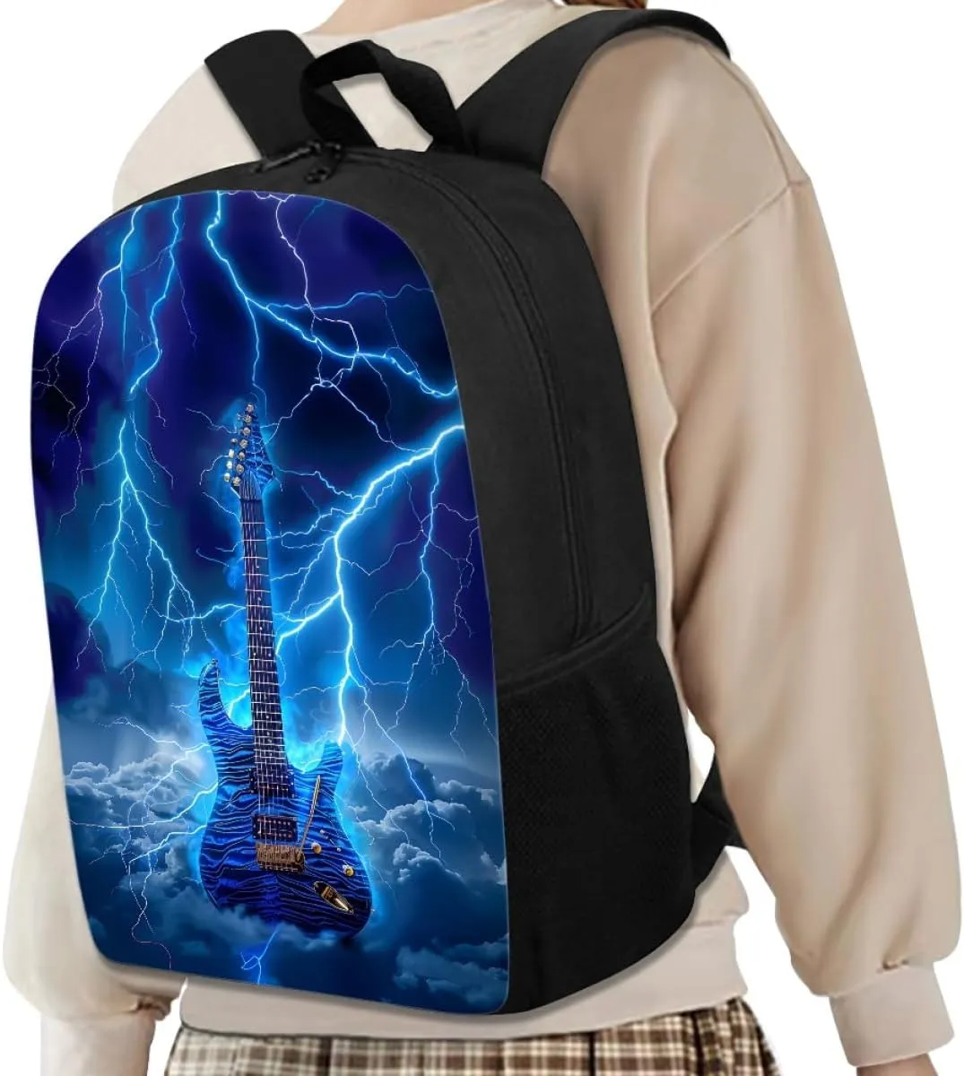 GLUDEAR Cool Fire Guitar Graphics Backpack Boy Girl Daypack Bookbag Backpack Adjustable Shoulder Bag,Lightning Storm Blue Guitar