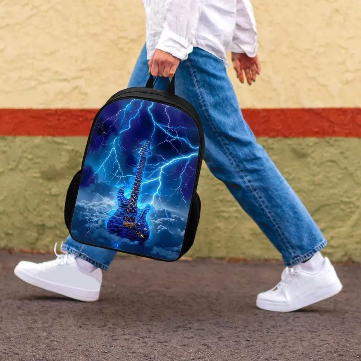 GLUDEAR Cool Fire Guitar Graphics Backpack Boy Girl Daypack Bookbag Backpack Adjustable Shoulder Bag,Lightning Storm Blue Guitar
