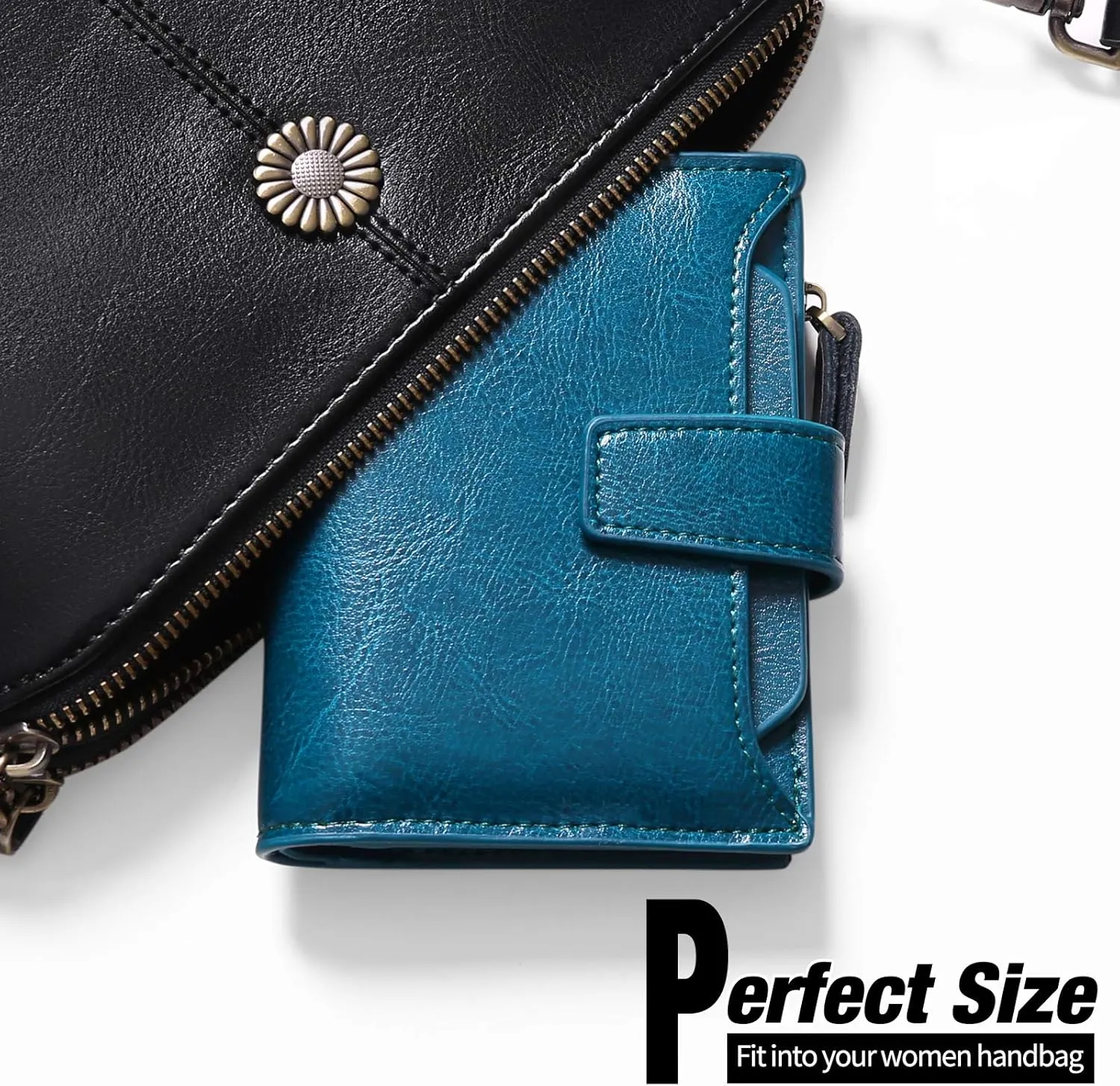 GOIACII Small Women Wallet Genuine Leather RFID Blocking Bifold Zipper Pocket Card Holder with ID Window