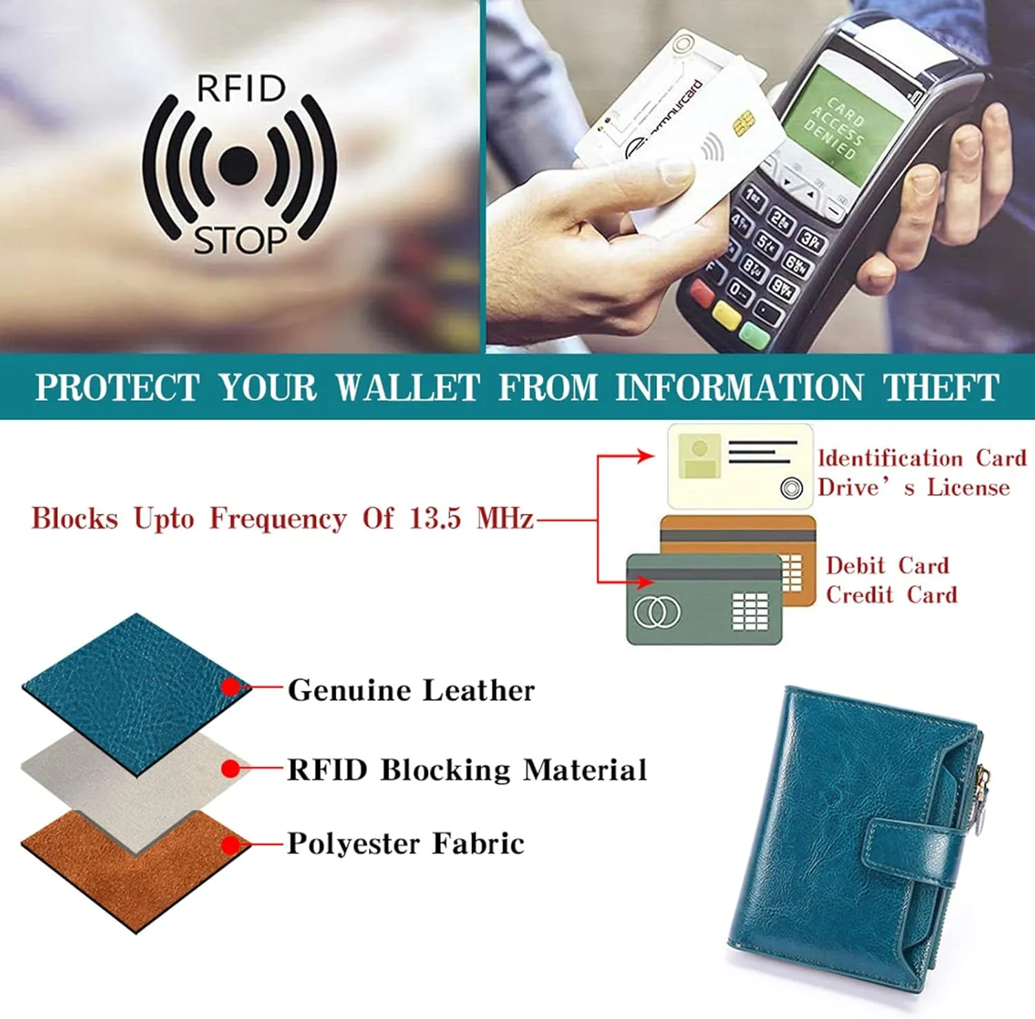 GOIACII Small Women Wallet Genuine Leather RFID Blocking Bifold Zipper Pocket Card Holder with ID Window