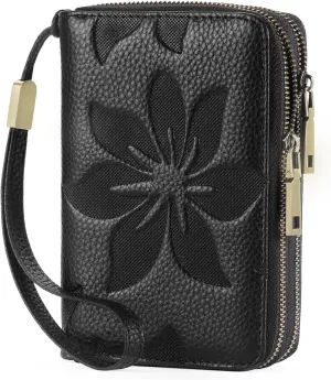 GOIACII Women's Wallet Double Zip Around Credit Card Holder Ladies Wallet Rfid Blocking Wristlet Purse Medium Size Leather Black