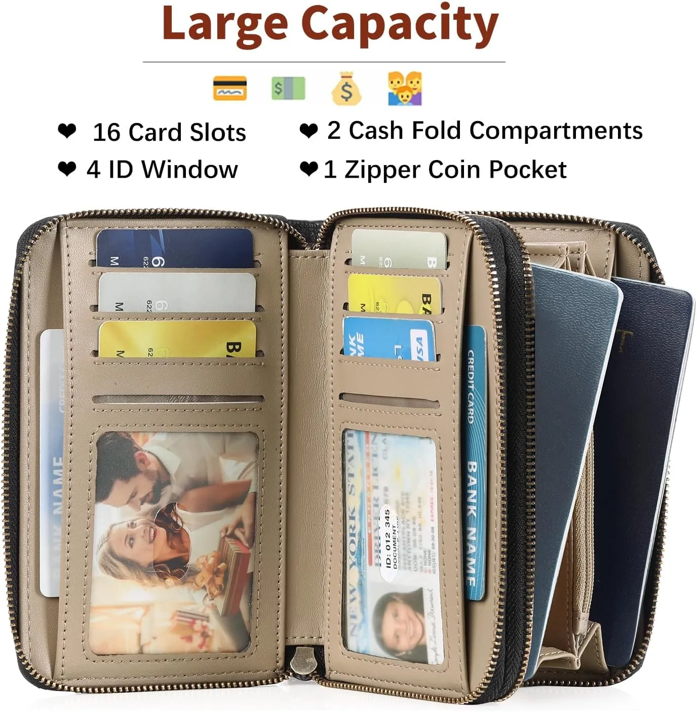 GOIACII Women's Wallet Double Zip Around Credit Card Holder Ladies Wallet Rfid Blocking Wristlet Purse Medium Size Leather Black