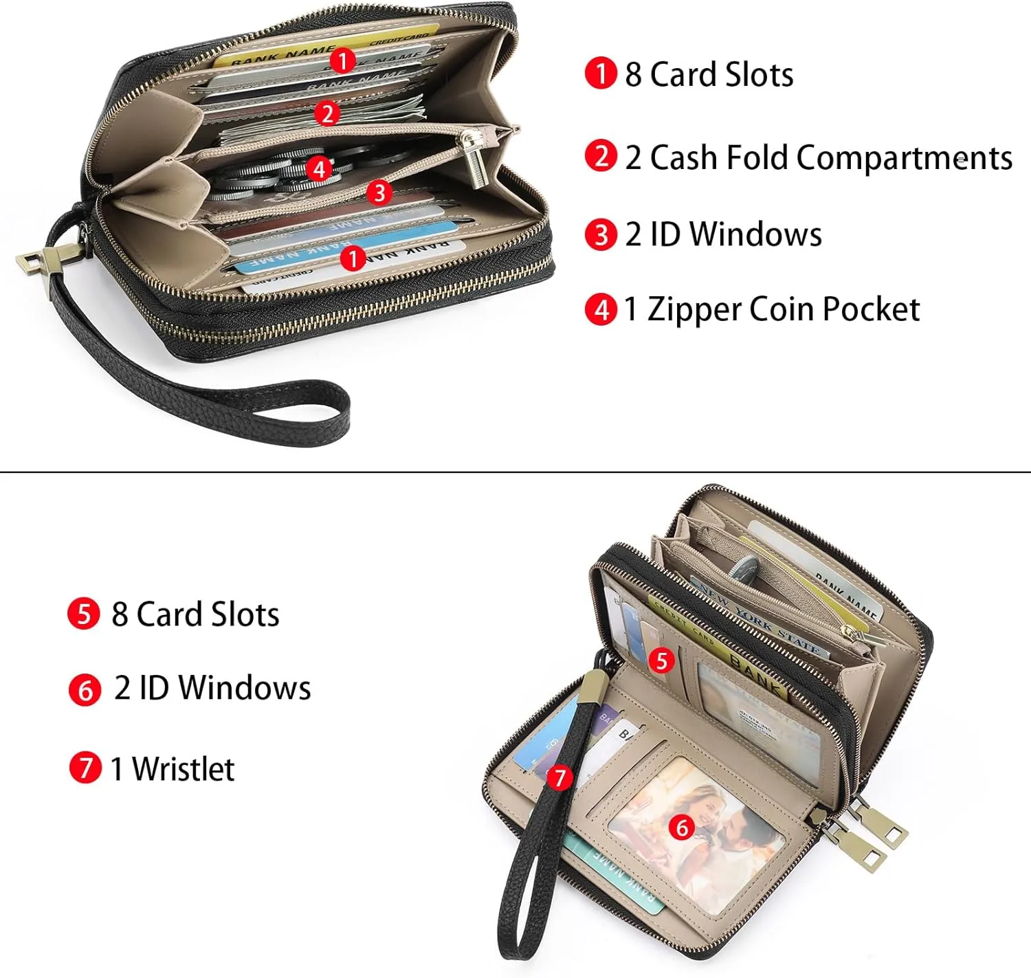 GOIACII Women's Wallet Double Zip Around Credit Card Holder Ladies Wallet Rfid Blocking Wristlet Purse Medium Size Leather Black
