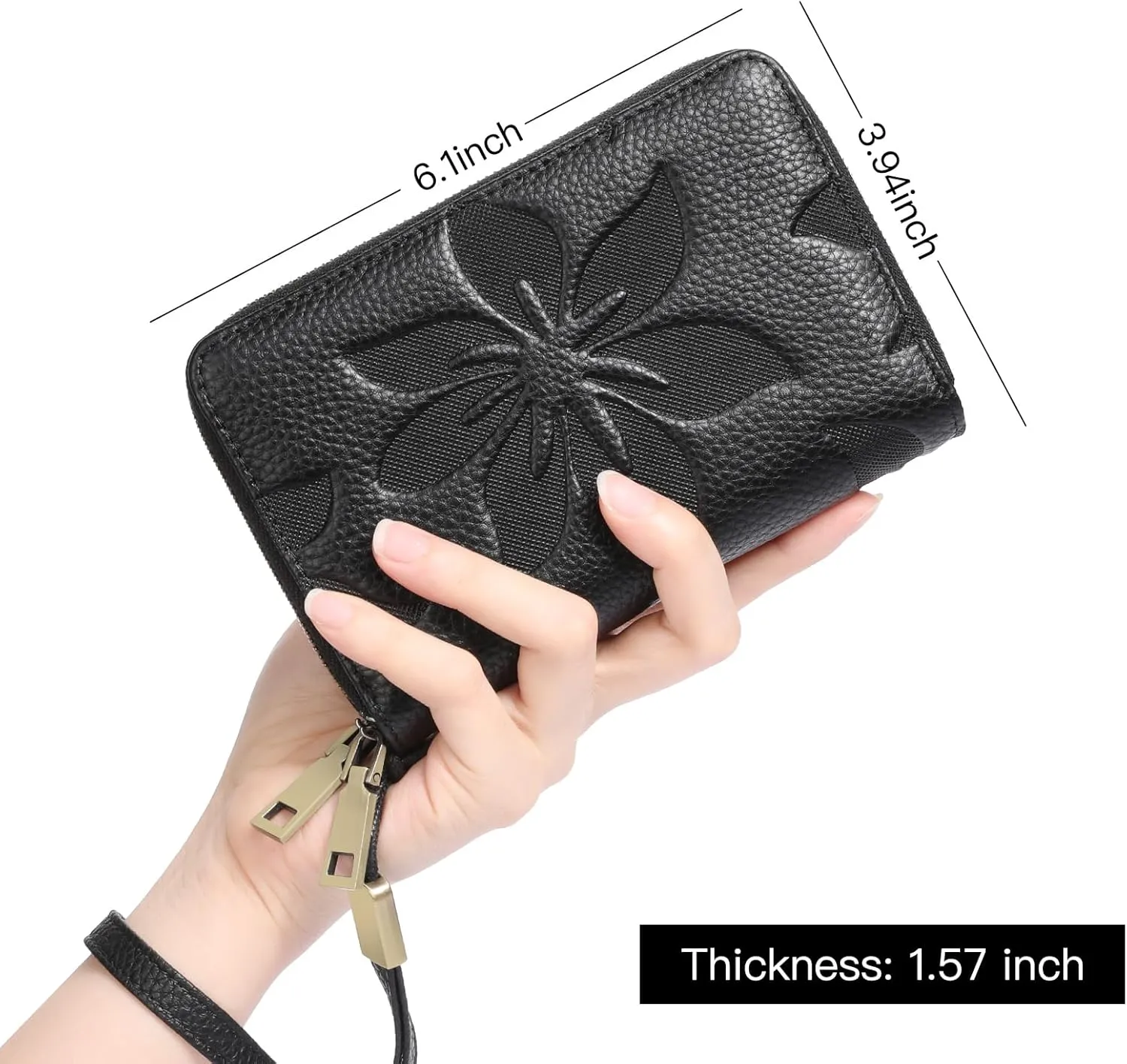 GOIACII Women's Wallet Double Zip Around Credit Card Holder Ladies Wallet Rfid Blocking Wristlet Purse Medium Size Leather Black
