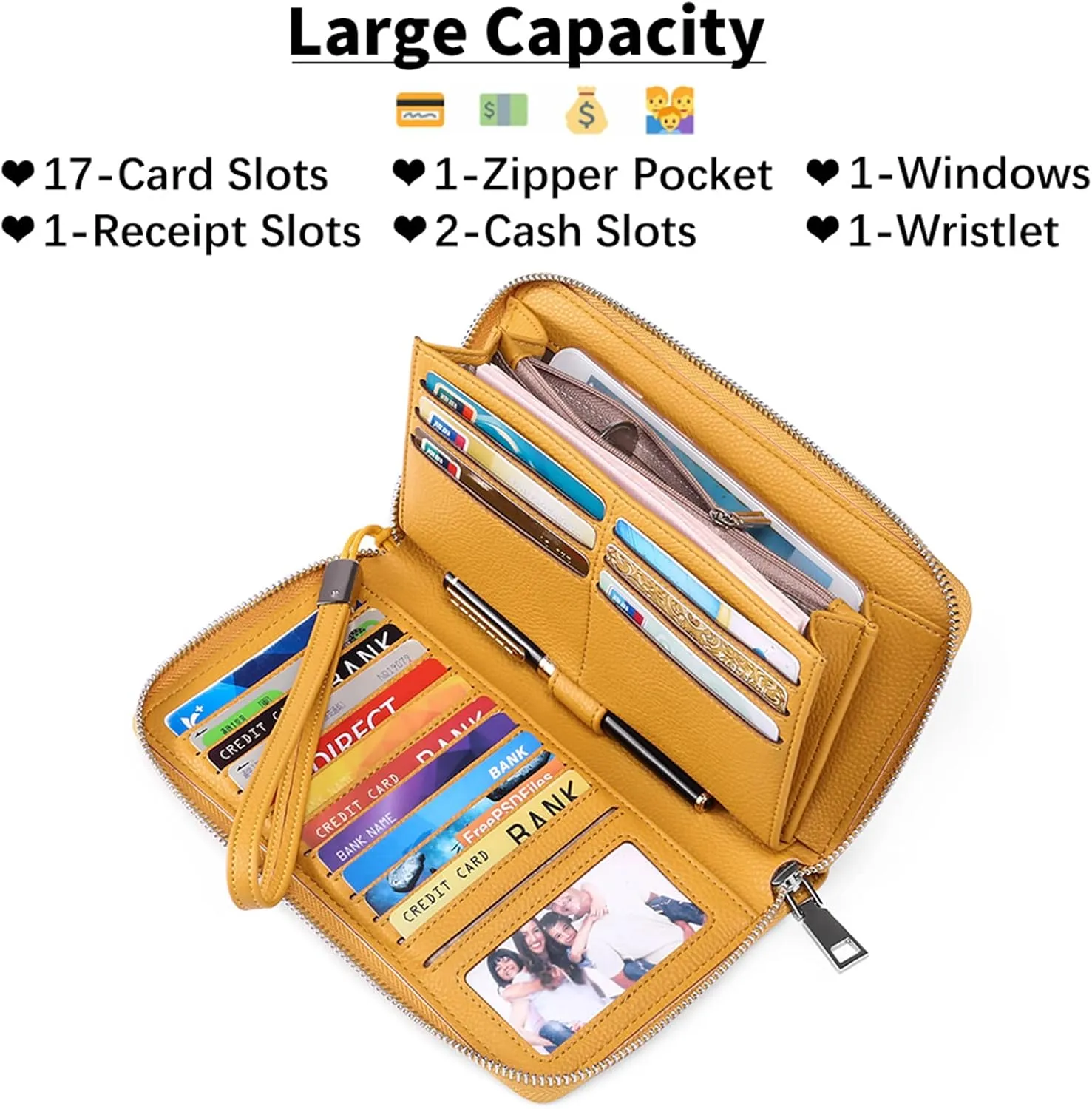 GOIACII Womens Wallet RFID Blocking Leather Zip Around Wallet Large Capacity Long Purse Credit Card Clutch Wristlet