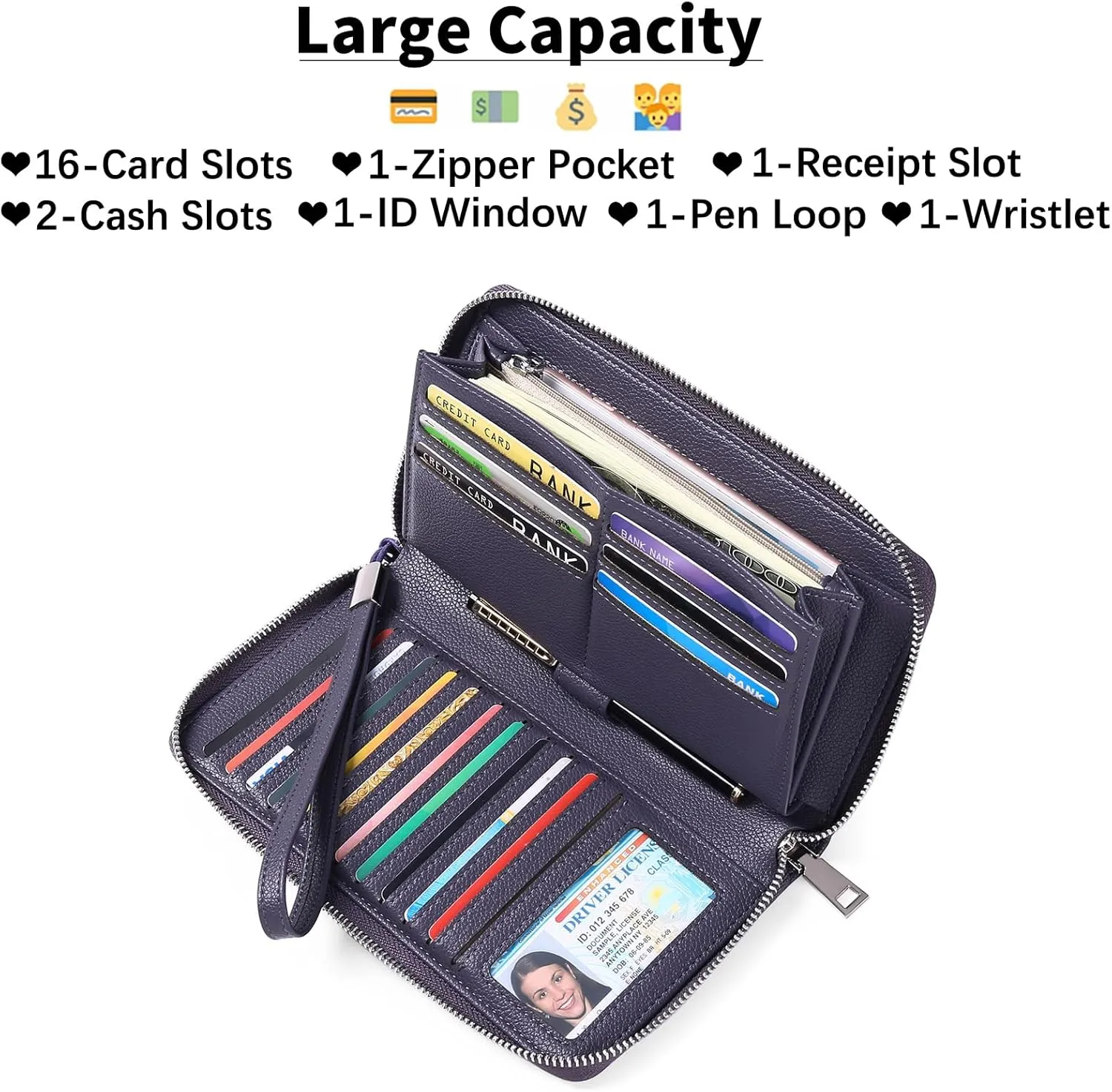 GOIACII Womens Wallet RFID Blocking Leather Zip Around Wallet Large Capacity Long Purse Credit Card Clutch Wristlet