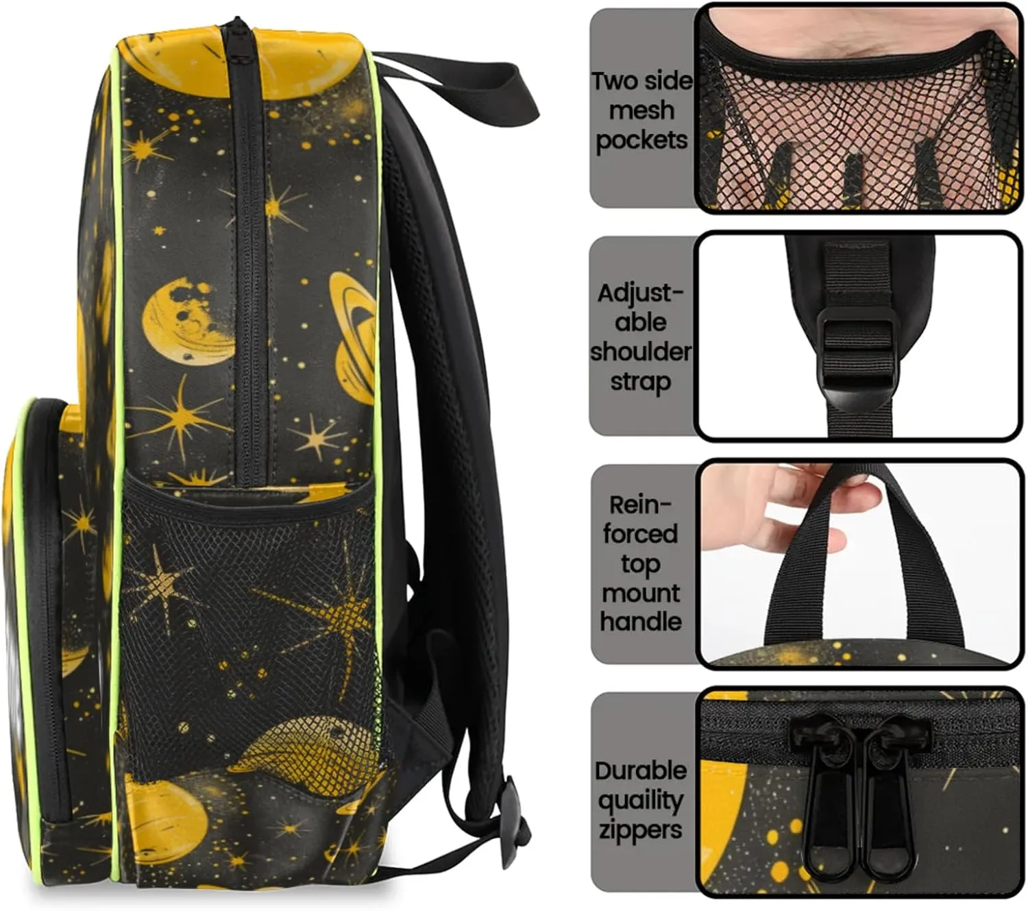 Golden Planets Custom Backpack with Name Cute Personalized Small Shoulder Bag Waterproof Travel Casual Backpack with Chest Strap 14.2in