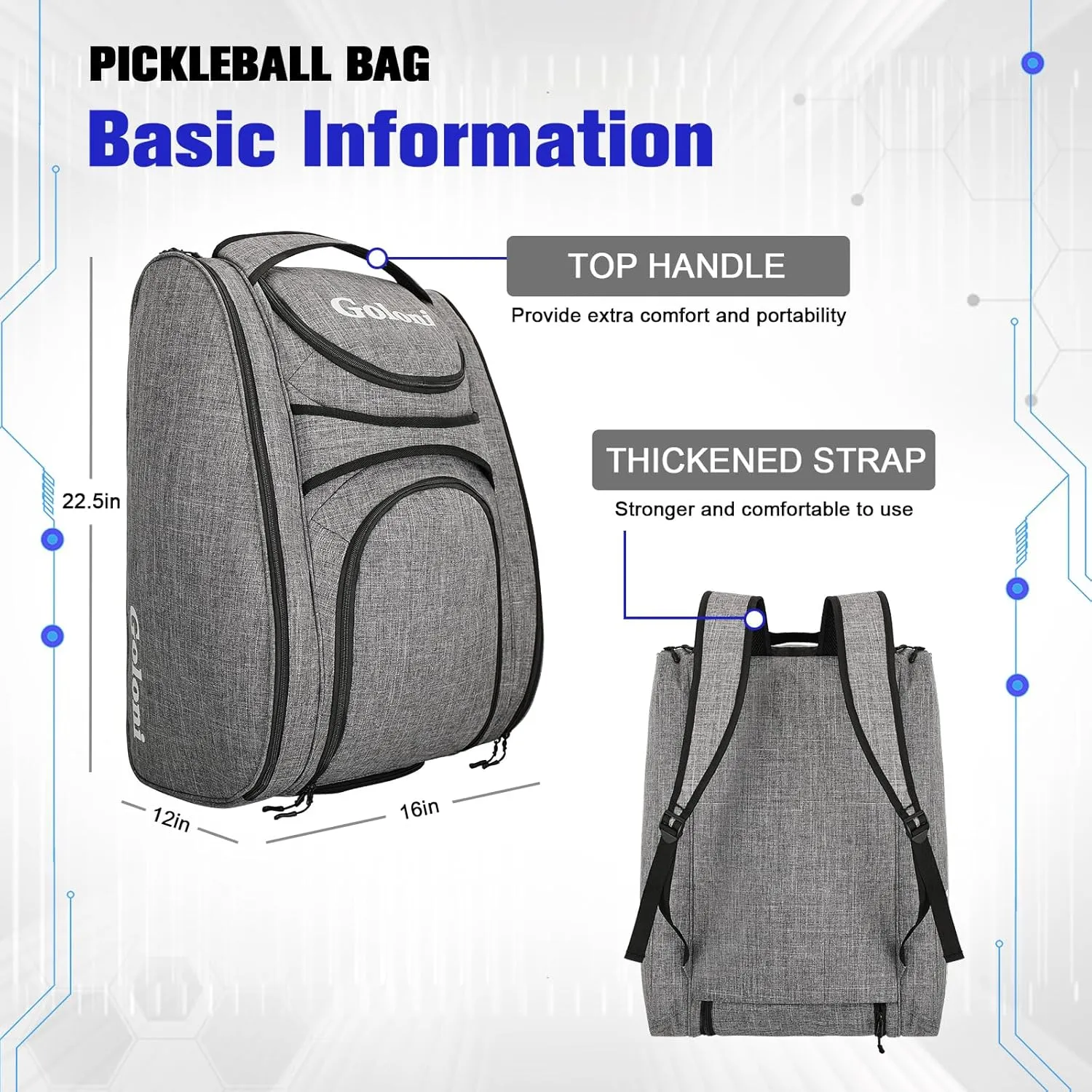 Goloni Pickleball Bag Padel Racket Backpack Large Capacity for Men Women Separate Waterproof Shoes Compartment Pickleball Accessories - Include Fence Hook & Thermal Insulated Pockets