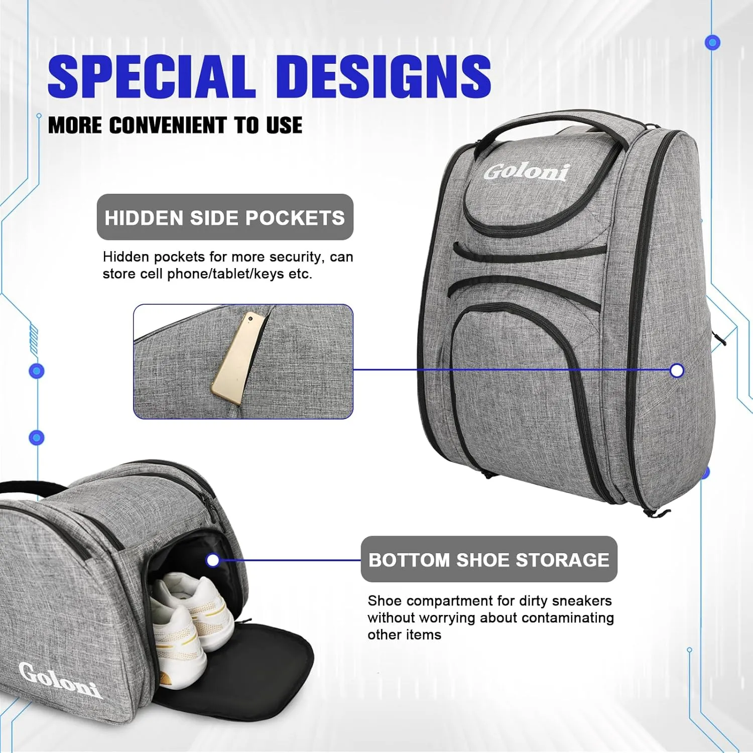 Goloni Pickleball Bag Padel Racket Backpack Large Capacity for Men Women Separate Waterproof Shoes Compartment Pickleball Accessories - Include Fence Hook & Thermal Insulated Pockets