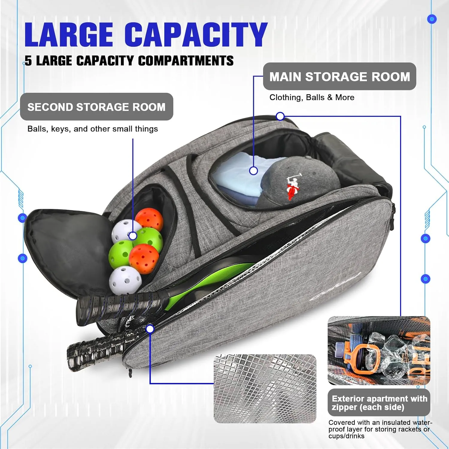 Goloni Pickleball Bag Padel Racket Backpack Large Capacity for Men Women Separate Waterproof Shoes Compartment Pickleball Accessories - Include Fence Hook & Thermal Insulated Pockets