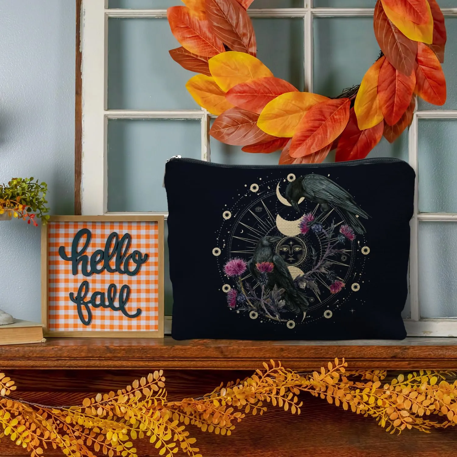 Goth Raven Makeup Bag, Celestial Sun and Moon Phase Witchy Makeup Bag for Women, Witch Stuff, Halloween Black Crow Floral Cosmetic Bag Toiletry Bag for Women, Black