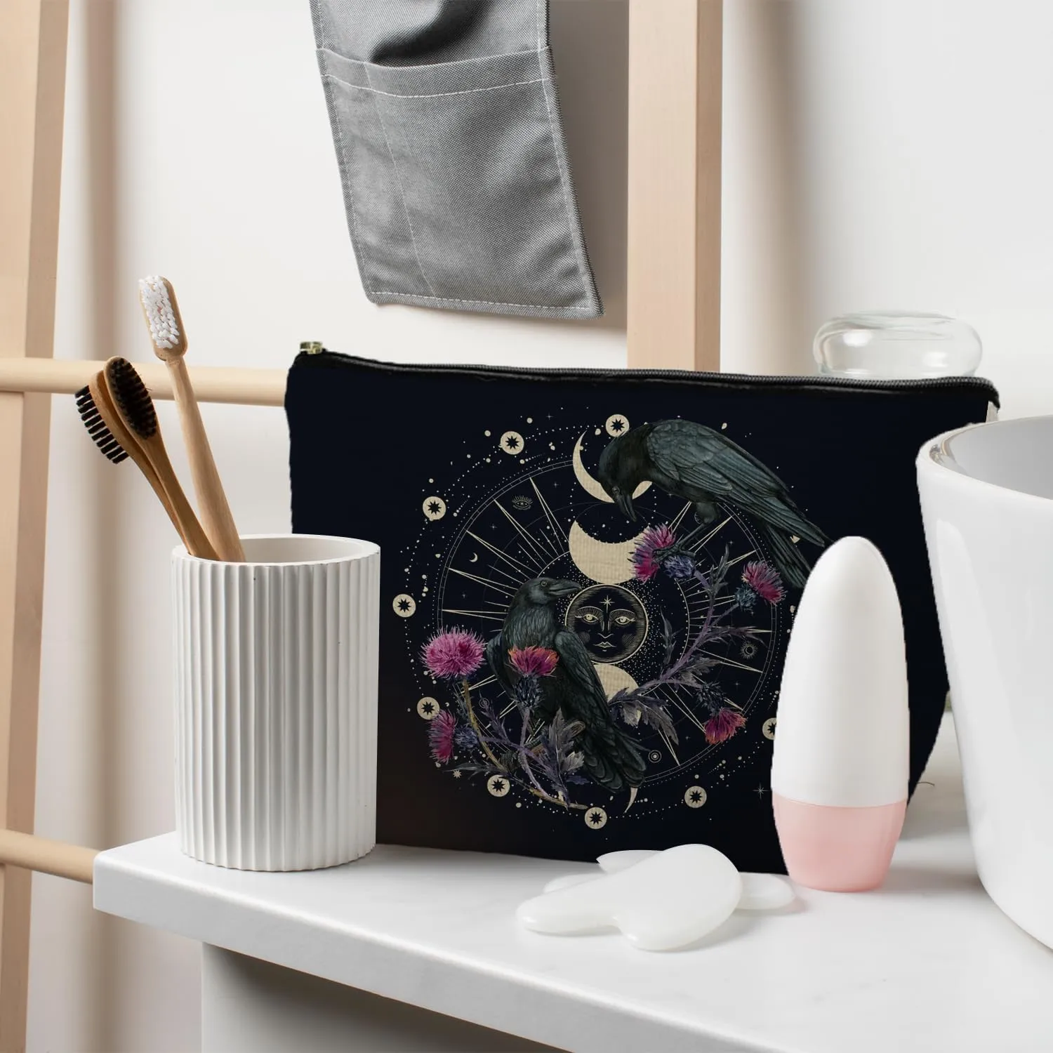 Goth Raven Makeup Bag, Celestial Sun and Moon Phase Witchy Makeup Bag for Women, Witch Stuff, Halloween Black Crow Floral Cosmetic Bag Toiletry Bag for Women, Black