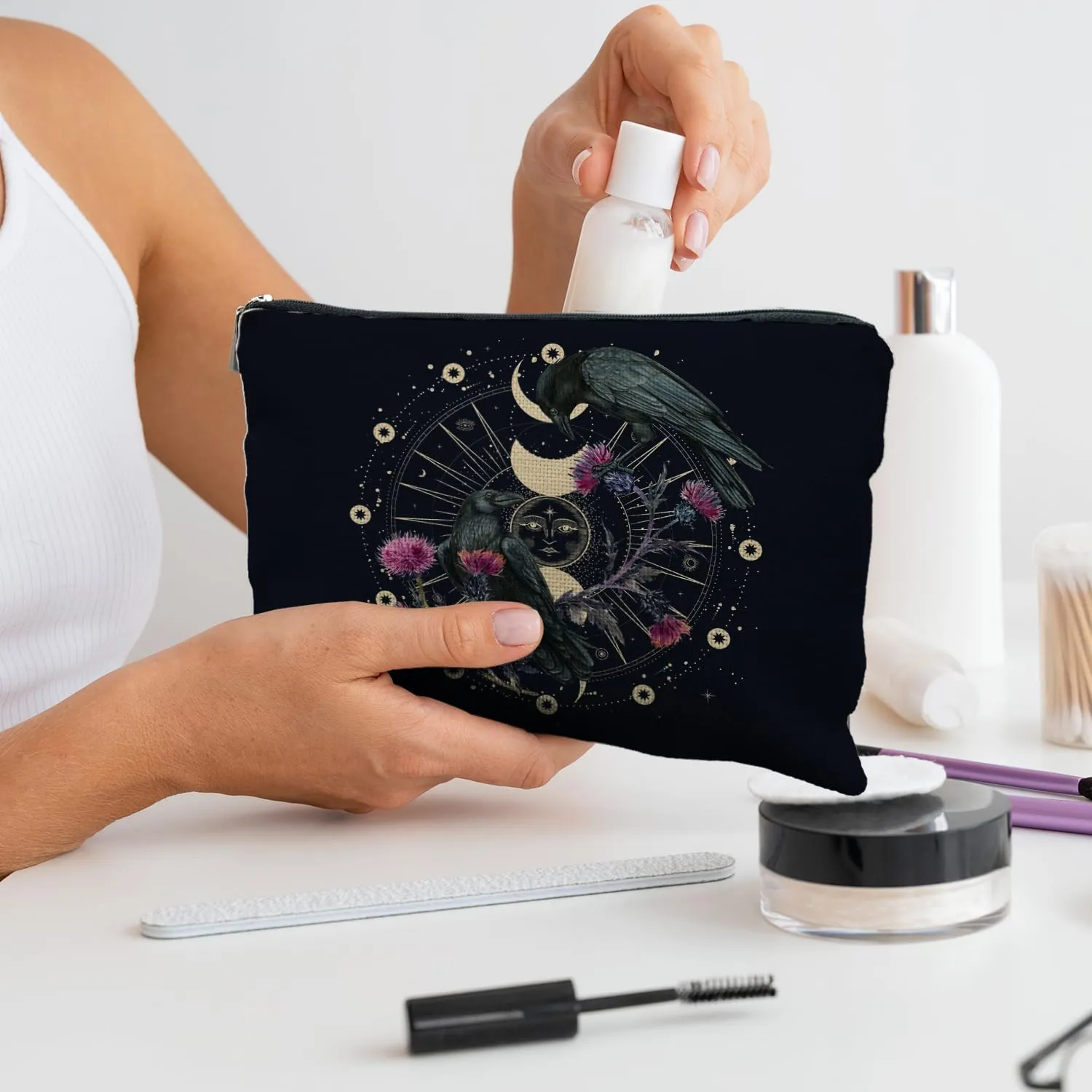 Goth Raven Makeup Bag, Celestial Sun and Moon Phase Witchy Makeup Bag for Women, Witch Stuff, Halloween Black Crow Floral Cosmetic Bag Toiletry Bag for Women, Black