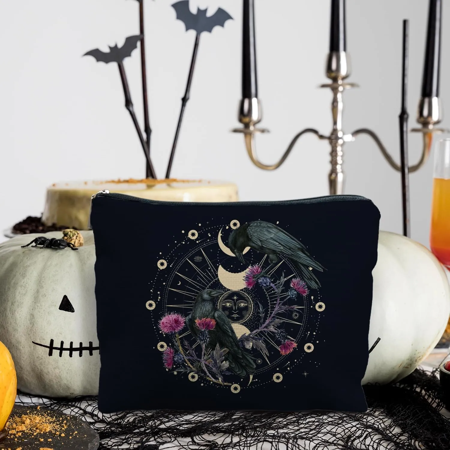 Goth Raven Makeup Bag, Celestial Sun and Moon Phase Witchy Makeup Bag for Women, Witch Stuff, Halloween Black Crow Floral Cosmetic Bag Toiletry Bag for Women, Black