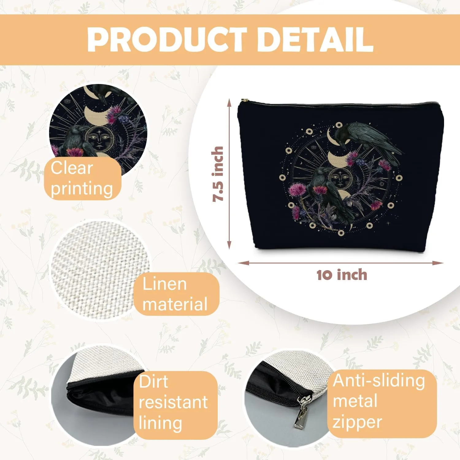 Goth Raven Makeup Bag, Celestial Sun and Moon Phase Witchy Makeup Bag for Women, Witch Stuff, Halloween Black Crow Floral Cosmetic Bag Toiletry Bag for Women, Black