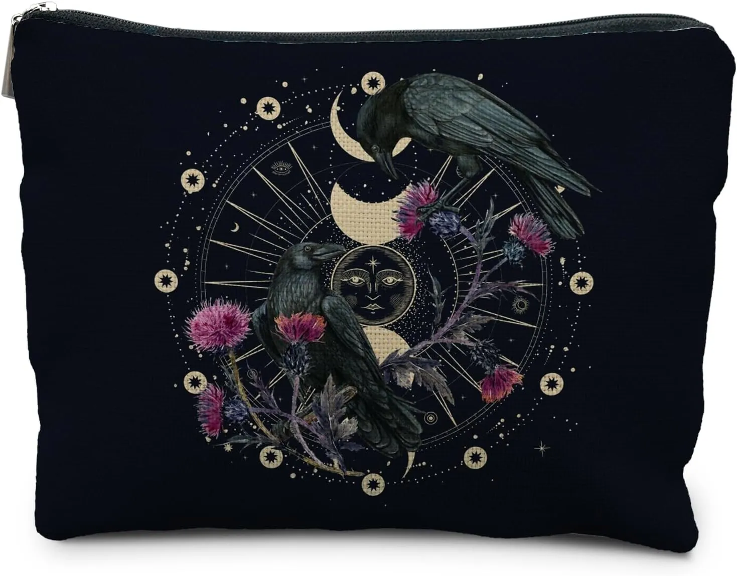 Goth Raven Makeup Bag, Celestial Sun and Moon Phase Witchy Makeup Bag for Women, Witch Stuff, Halloween Black Crow Floral Cosmetic Bag Toiletry Bag for Women, Black