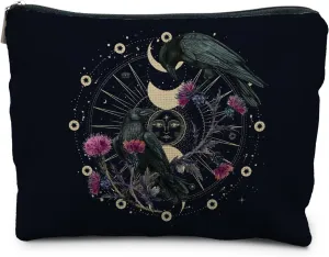 Goth Raven Makeup Bag, Celestial Sun and Moon Phase Witchy Makeup Bag for Women, Witch Stuff, Halloween Black Crow Floral Cosmetic Bag Toiletry Bag for Women, Black