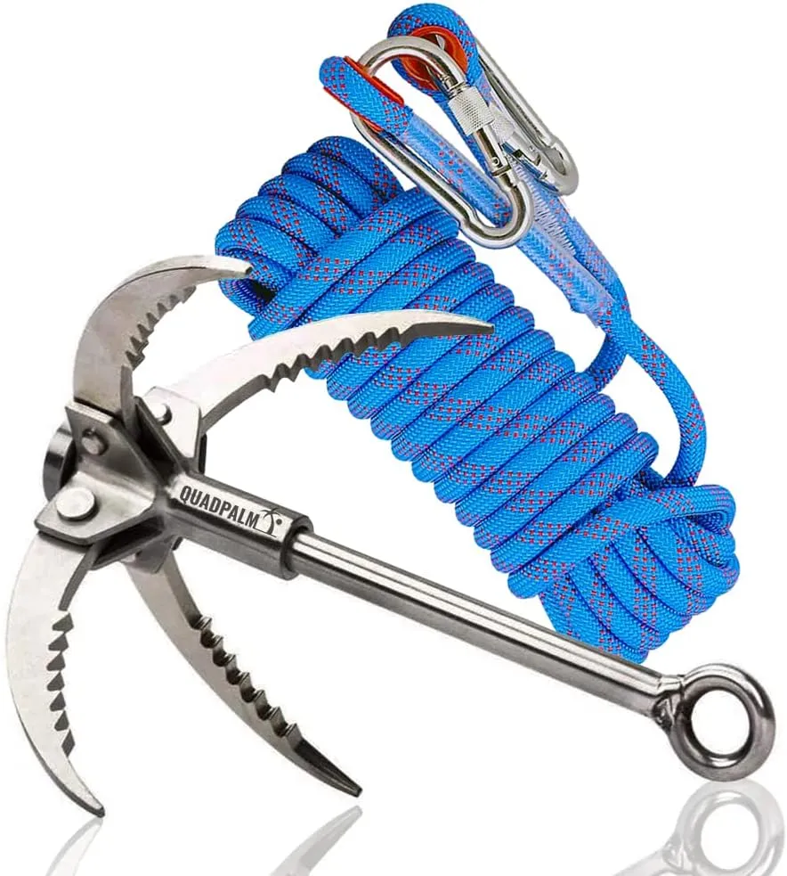 Grappling Hook with 10m Rope – Multifunctional QUADPALM Grapple Hook - 4 Stainless Steel Folding Claws - Heavy Duty - Outdoor Camping Hiking Tree Rock Mountain Climbing Equipment
