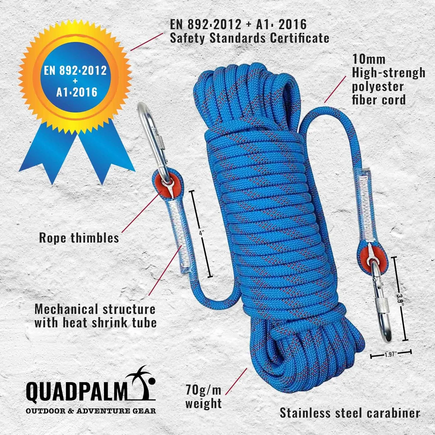 Grappling Hook with 10m Rope – Multifunctional QUADPALM Grapple Hook - 4 Stainless Steel Folding Claws - Heavy Duty - Outdoor Camping Hiking Tree Rock Mountain Climbing Equipment
