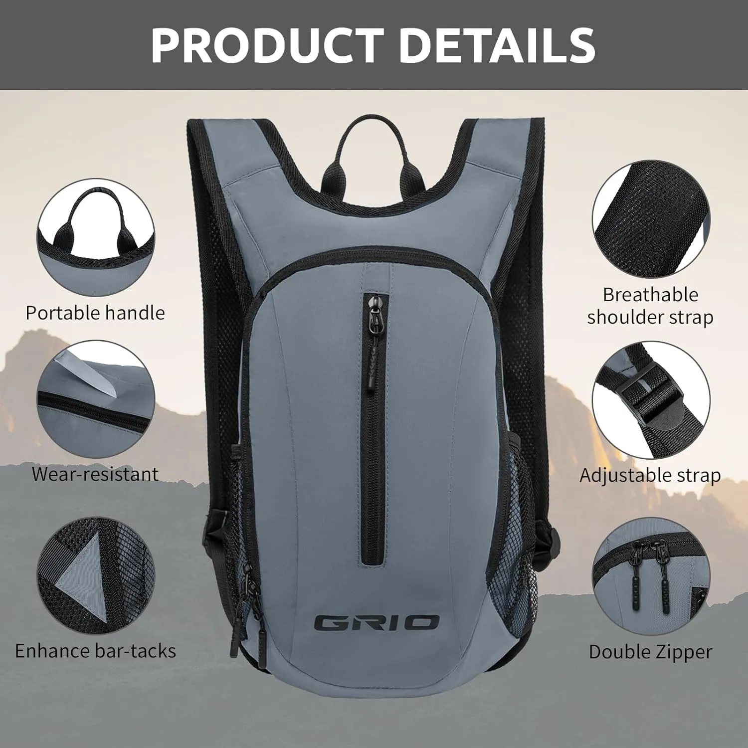 GRIO Lightweight Packable Daypack for Women Men, 15L Hiking Backpack, Water Resistant Daypack (grey)