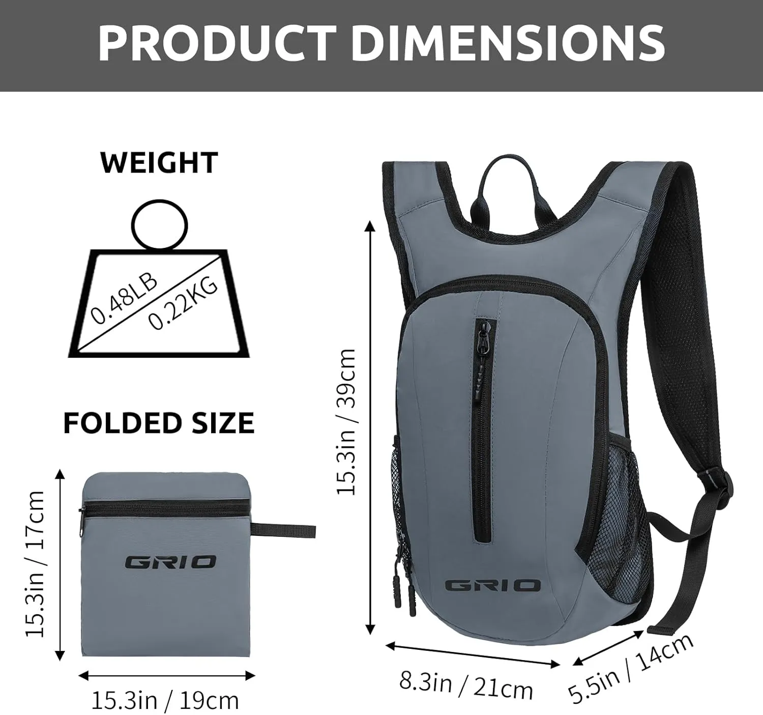 GRIO Lightweight Packable Daypack for Women Men, 15L Hiking Backpack, Water Resistant Daypack (grey)