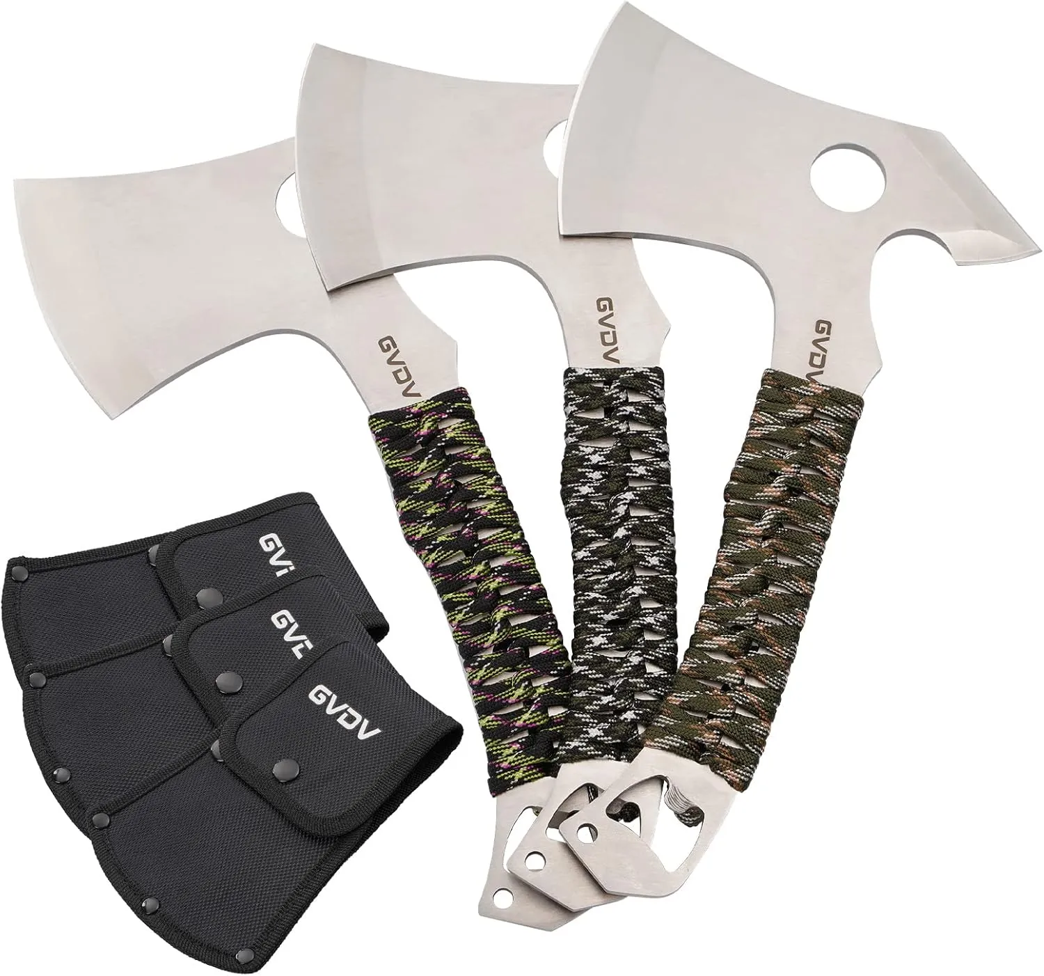 GVDV Throwing Axes for Beginners - 3 Pack Full Tang Steel Throwing Tomahawks Set with Protective Nylon Sheaths and Bottle Opener, 3 Colors Non-Slip Handle for Game, Recreation, and Competition