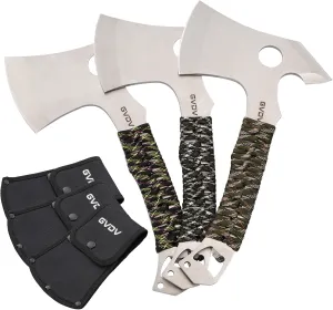 GVDV Throwing Axes for Beginners - 3 Pack Full Tang Steel Throwing Tomahawks Set with Protective Nylon Sheaths and Bottle Opener, 3 Colors Non-Slip Handle for Game, Recreation, and Competition