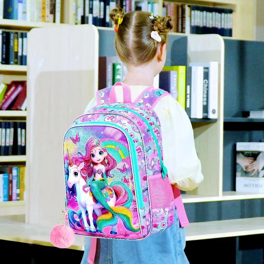 gxtvo 3PCS Mermaid Backpack, 16" Girls Unicorn Bookbag with Lunch Box, Water Resistant Kids Rainbow Elementary School Bag for Preschool Toddler