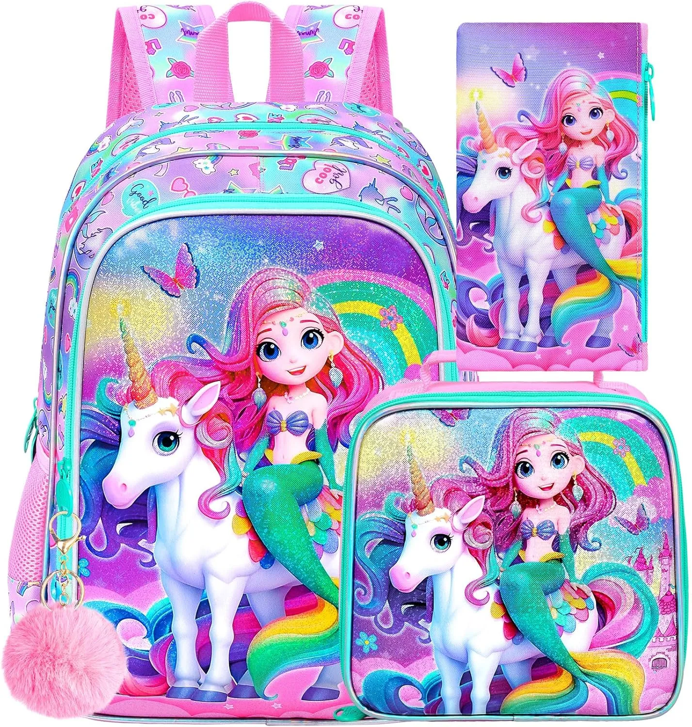 gxtvo 3PCS Mermaid Backpack, 16" Girls Unicorn Bookbag with Lunch Box, Water Resistant Kids Rainbow Elementary School Bag for Preschool Toddler