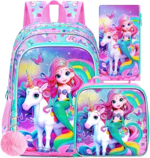 gxtvo 3PCS Mermaid Backpack, 16" Girls Unicorn Bookbag with Lunch Box, Water Resistant Kids Rainbow Elementary School Bag for Preschool Toddler