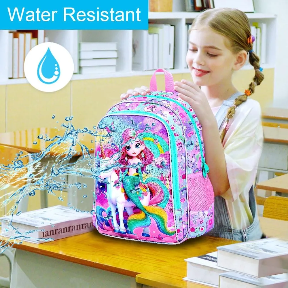 gxtvo 3PCS Mermaid Backpack, 16" Girls Unicorn Bookbag with Lunch Box, Water Resistant Kids Rainbow Elementary School Bag for Preschool Toddler