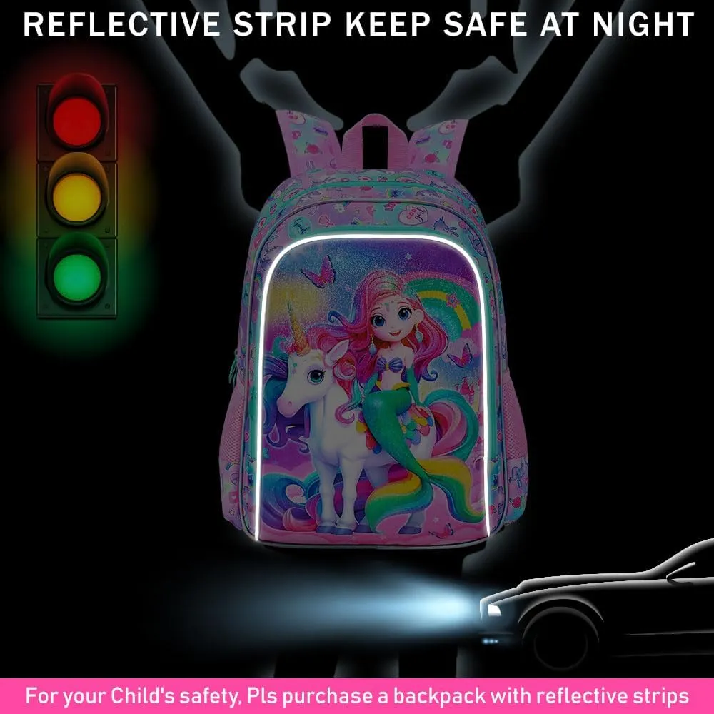 gxtvo 3PCS Mermaid Backpack, 16" Girls Unicorn Bookbag with Lunch Box, Water Resistant Kids Rainbow Elementary School Bag for Preschool Toddler