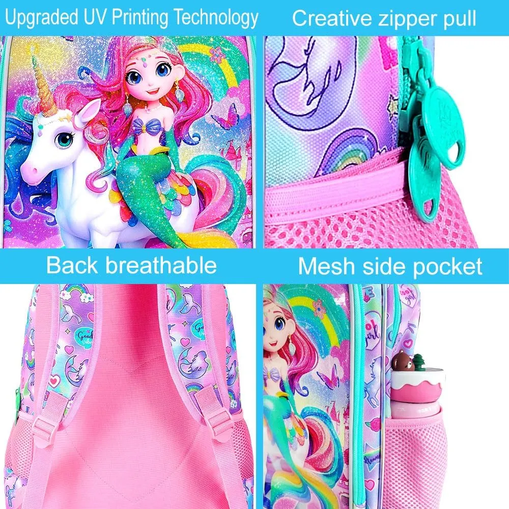 gxtvo 3PCS Mermaid Backpack, 16" Girls Unicorn Bookbag with Lunch Box, Water Resistant Kids Rainbow Elementary School Bag for Preschool Toddler
