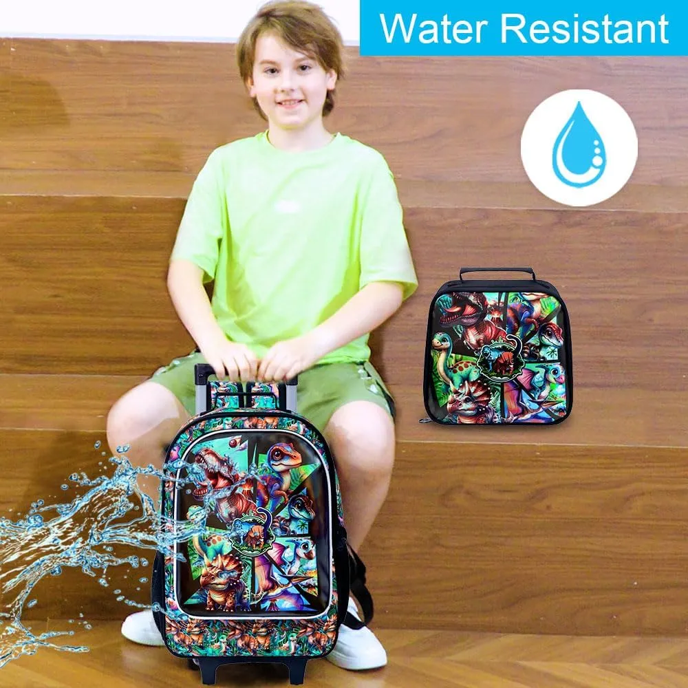 gxtvo Boys Rolling Backpack, Cool Dinosaur Roller Wheels Kids Bookbag - Wheeled Elementary School Bag - 3PCS Dinosaur