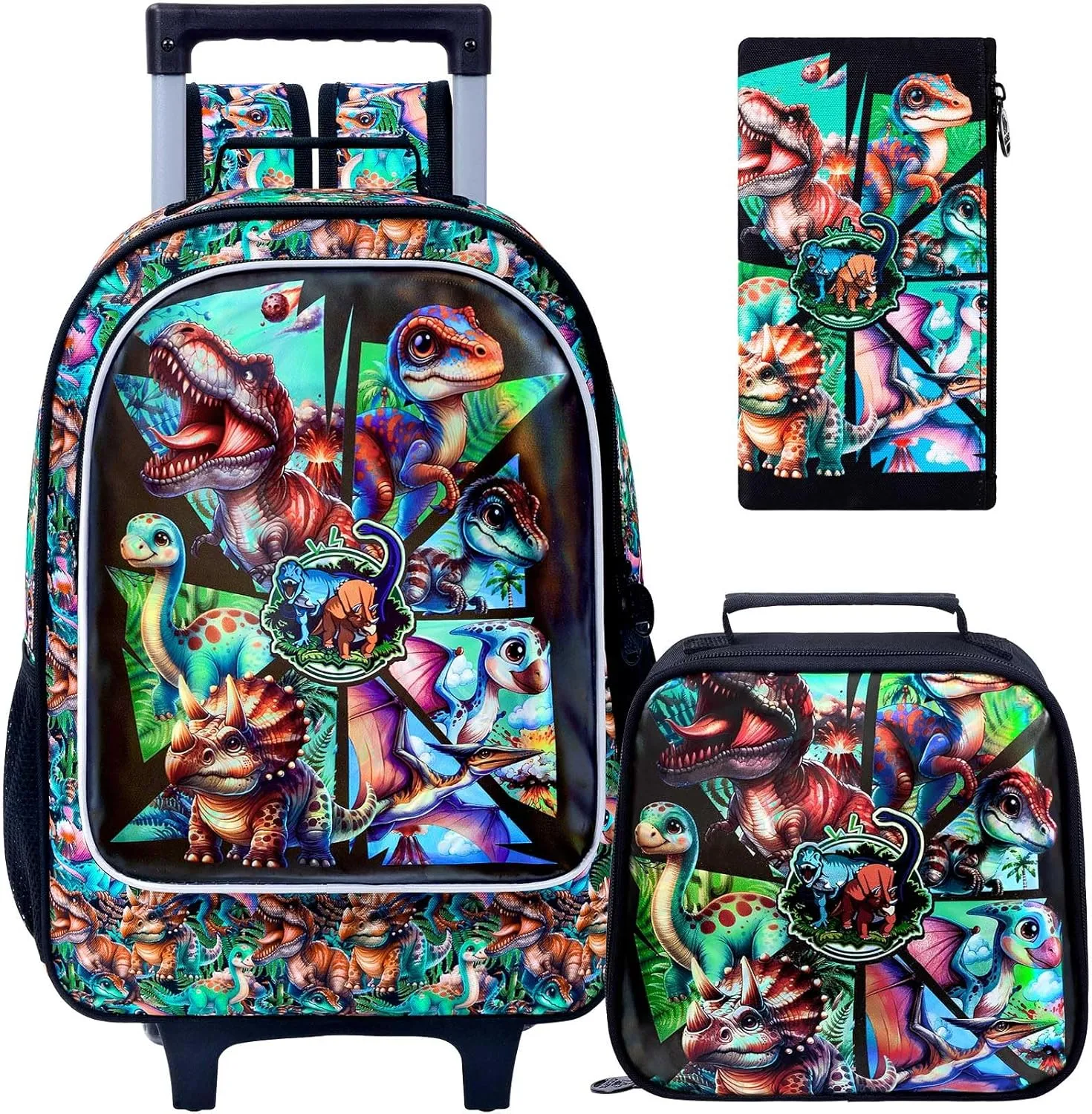 gxtvo Boys Rolling Backpack, Cool Dinosaur Roller Wheels Kids Bookbag - Wheeled Elementary School Bag - 3PCS Dinosaur