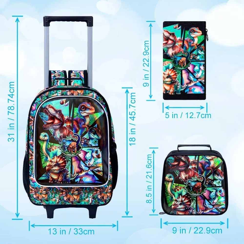 gxtvo Boys Rolling Backpack, Cool Dinosaur Roller Wheels Kids Bookbag - Wheeled Elementary School Bag - 3PCS Dinosaur