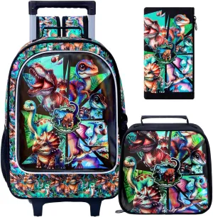gxtvo Boys Rolling Backpack, Cool Dinosaur Roller Wheels Kids Bookbag - Wheeled Elementary School Bag - 3PCS Dinosaur