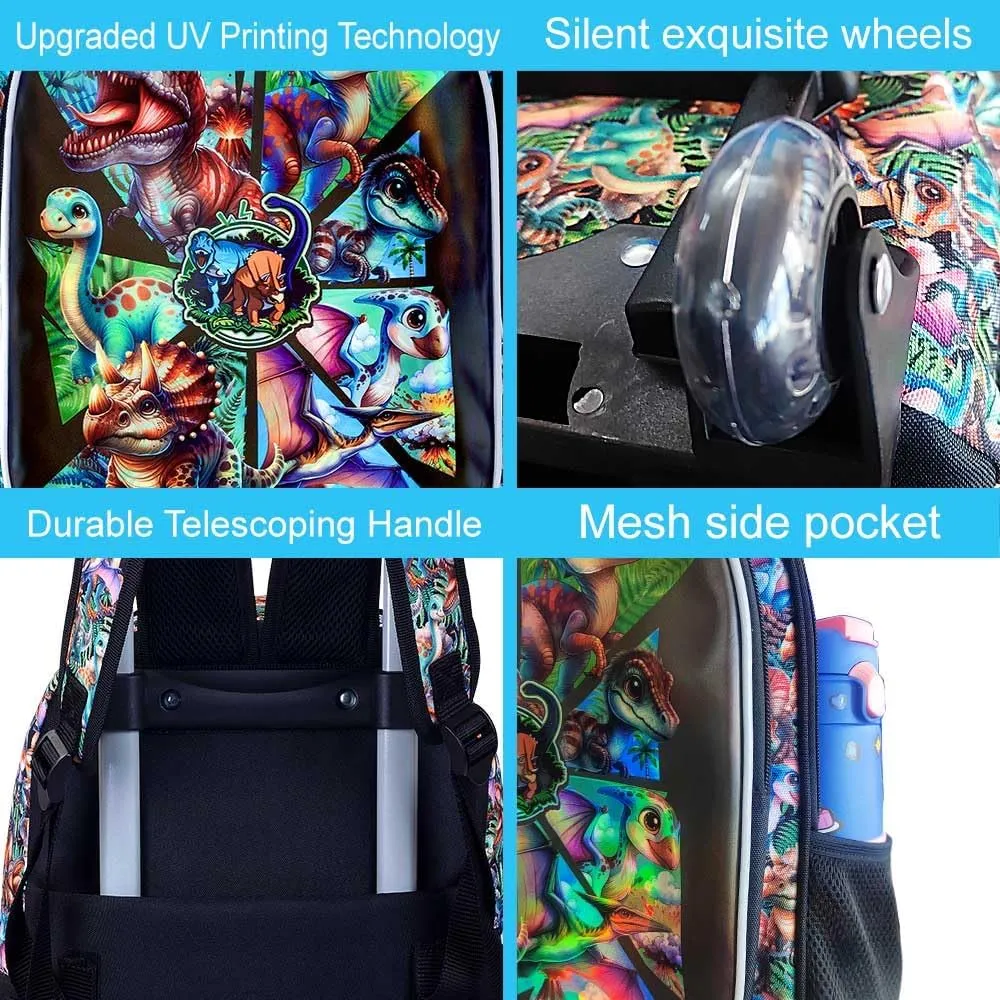 gxtvo Boys Rolling Backpack, Cool Dinosaur Roller Wheels Kids Bookbag - Wheeled Elementary School Bag - 3PCS Dinosaur