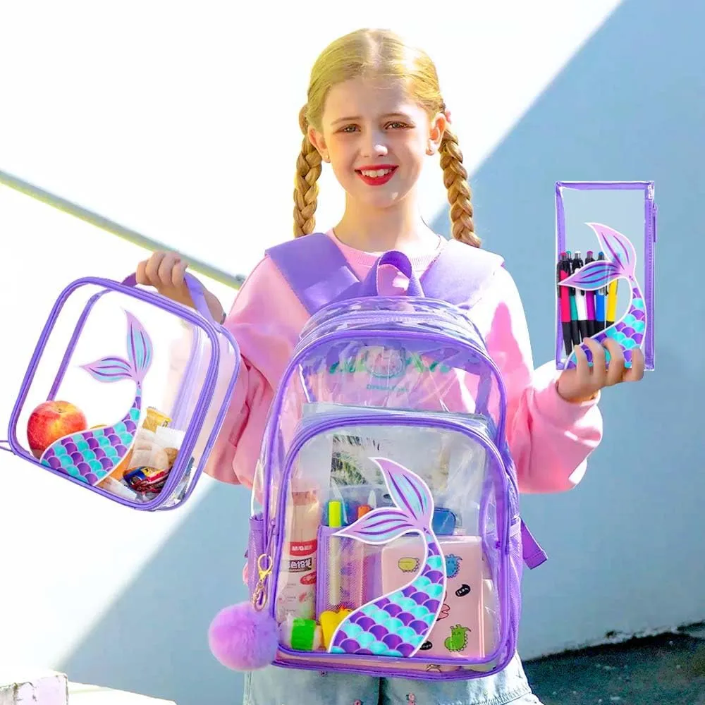 gxtvo Clear Backpack for Girls and Boys, Kids Transparent Bookbag, 3PCS Cute See Through School Bag for Elementary Prechool