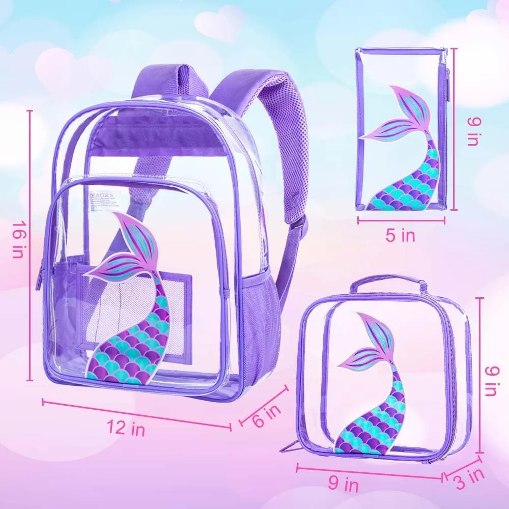 gxtvo Clear Backpack for Girls and Boys, Kids Transparent Bookbag, 3PCS Cute See Through School Bag for Elementary Prechool
