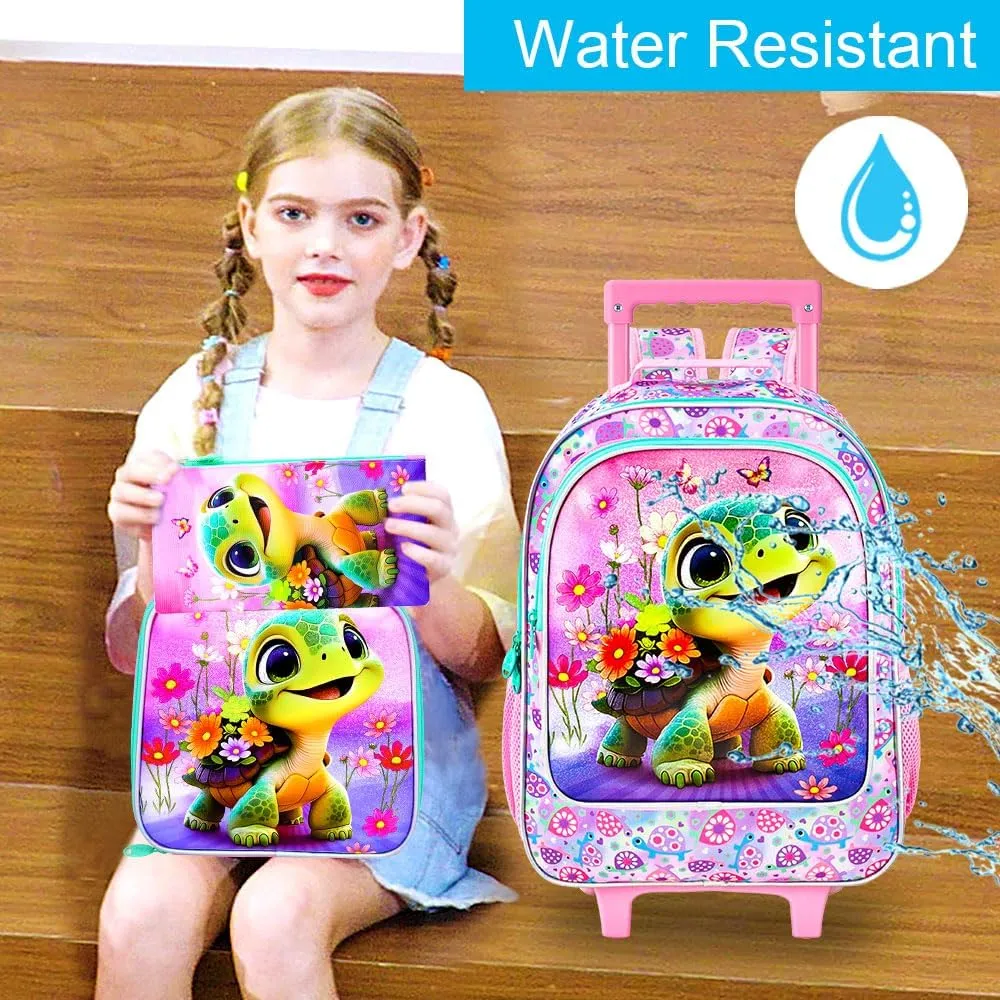 gxtvo Girls Rolling Backpack, Cute Turtle Roller Wheels Kids Bookbag - Wheeled Elementary School Bag - 3PCS Turtle
