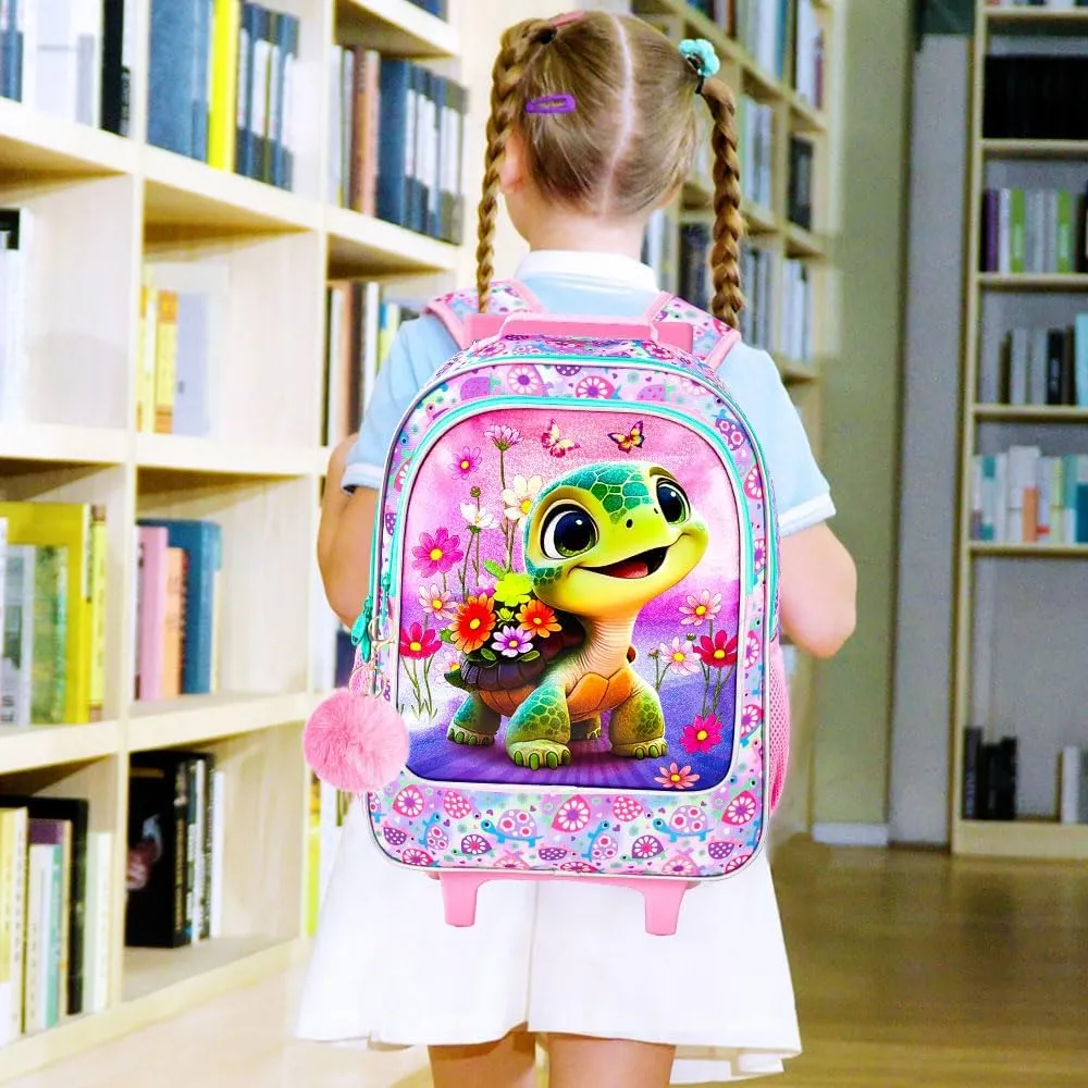 gxtvo Girls Rolling Backpack, Cute Turtle Roller Wheels Kids Bookbag - Wheeled Elementary School Bag - 3PCS Turtle