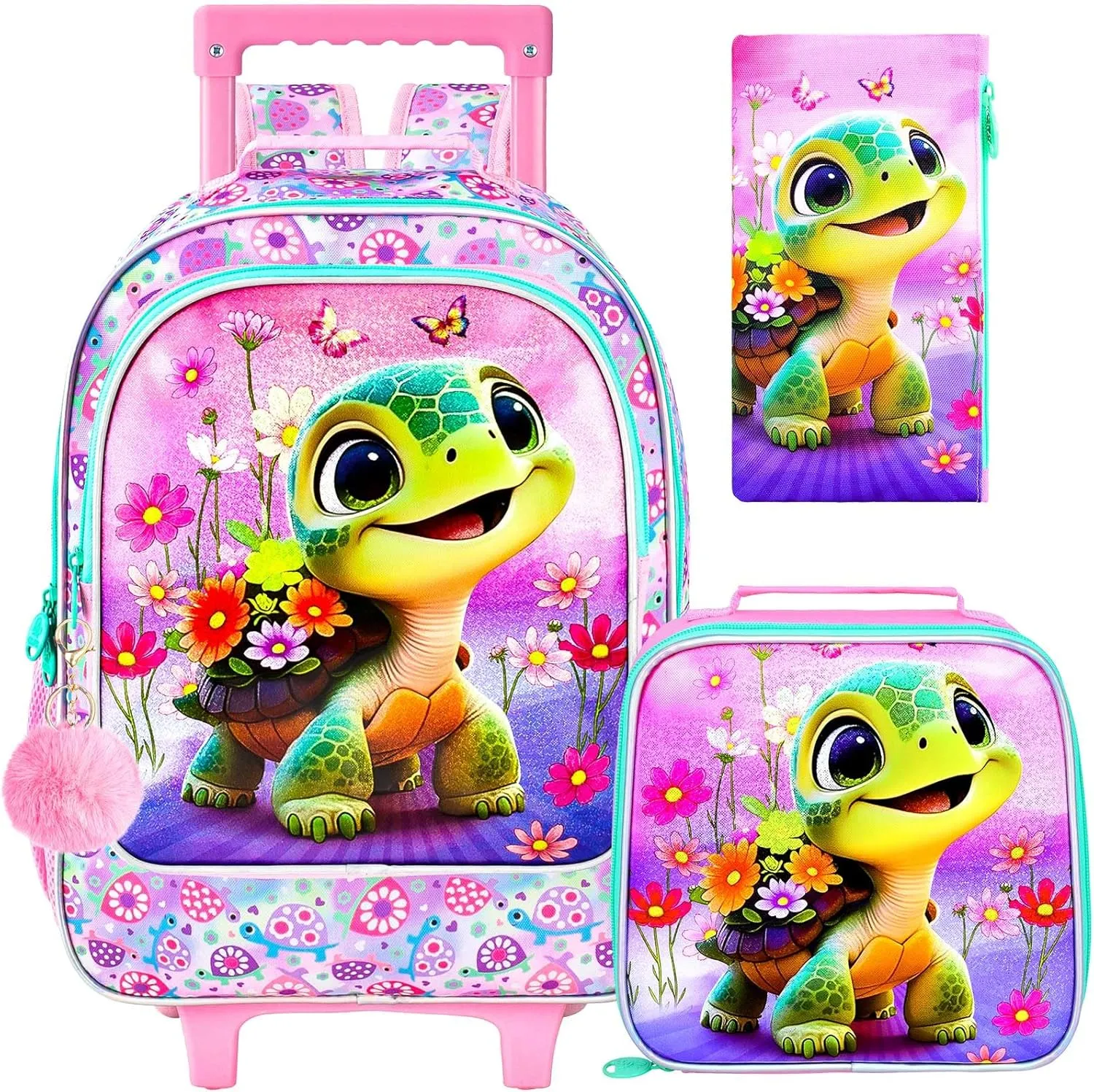 gxtvo Girls Rolling Backpack, Cute Turtle Roller Wheels Kids Bookbag - Wheeled Elementary School Bag - 3PCS Turtle