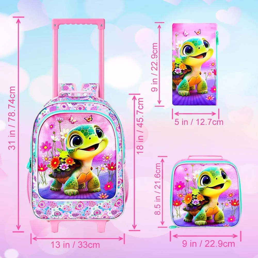 gxtvo Girls Rolling Backpack, Cute Turtle Roller Wheels Kids Bookbag - Wheeled Elementary School Bag - 3PCS Turtle