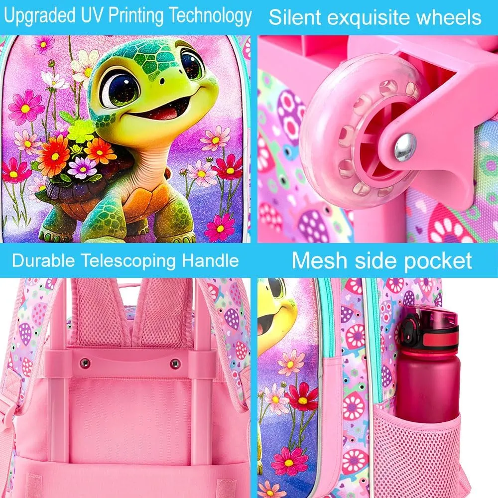 gxtvo Girls Rolling Backpack, Cute Turtle Roller Wheels Kids Bookbag - Wheeled Elementary School Bag - 3PCS Turtle