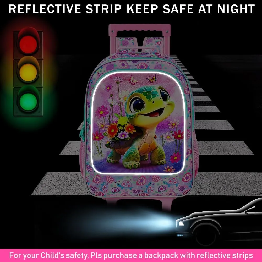 gxtvo Girls Rolling Backpack, Cute Turtle Roller Wheels Kids Bookbag - Wheeled Elementary School Bag - 3PCS Turtle