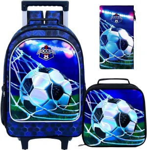 gxtvo Rolling Backpack for Boys, Roller Wheeled Bookbag - Wheeled Elementary School Bag - 3PCS Soccer Backpack