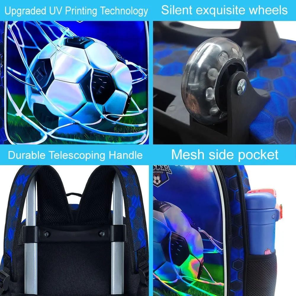 gxtvo Rolling Backpack for Boys, Roller Wheeled Bookbag - Wheeled Elementary School Bag - 3PCS Soccer Backpack