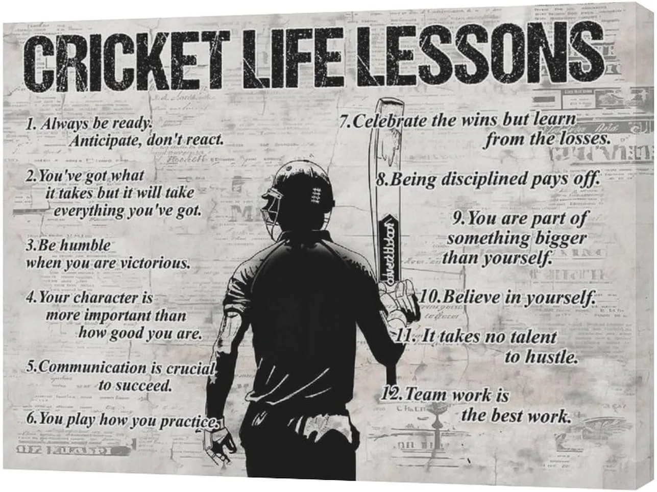Gyeong Cricket Sports Wall Art Cricket Life Lessons Wall Decor Cricket Sign Retro Poster Boy Men Room Motivational Decorations Canvas Print Painting Artwork for Bedroom Bathroom Living Room 16"x12"