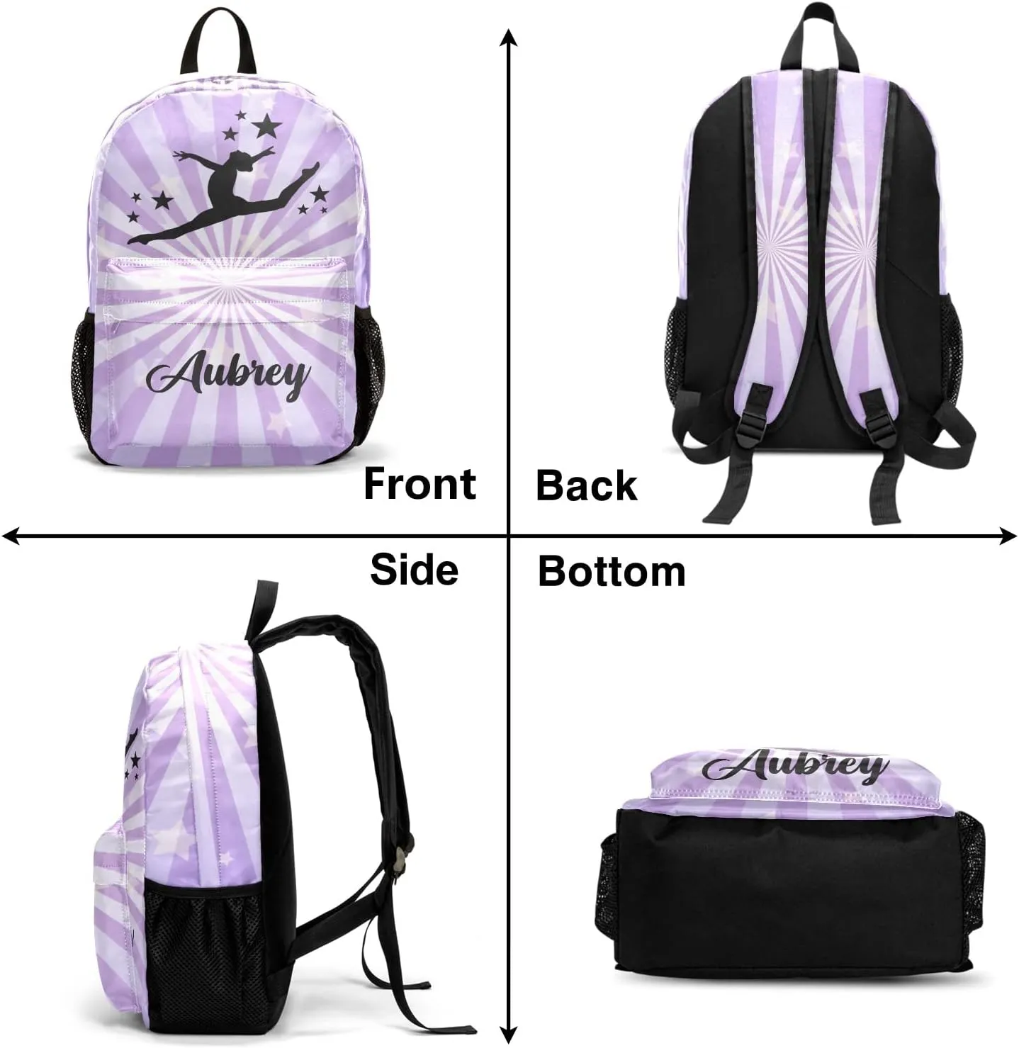 Gymnastic Star Purple Personalized Backpack Set for Teen Boys Girls with Lunch Box & Pencil Pouch Bag Travel Backpack